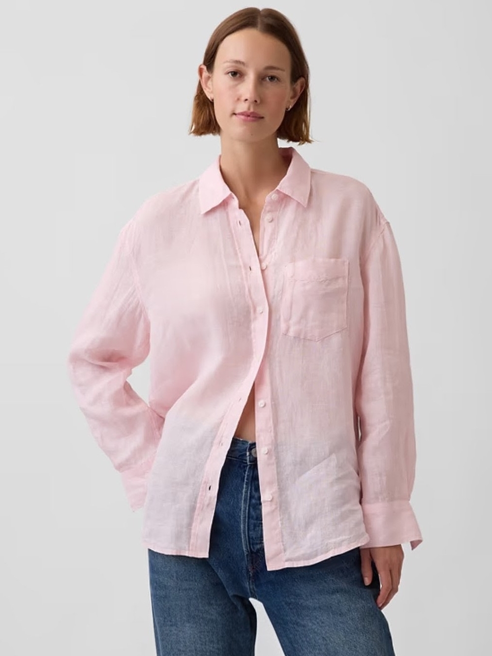 GAP Women's Light Pink Oversized Linen Long Sleeve Button-Up Shirt | XL